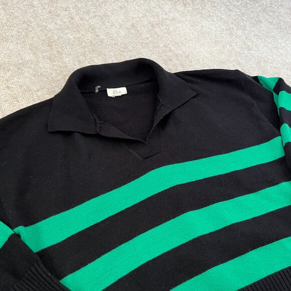 Elan Rugby Stripe V Neck Polo Pullover Sweater L Black Green - Picture 3 of 10
